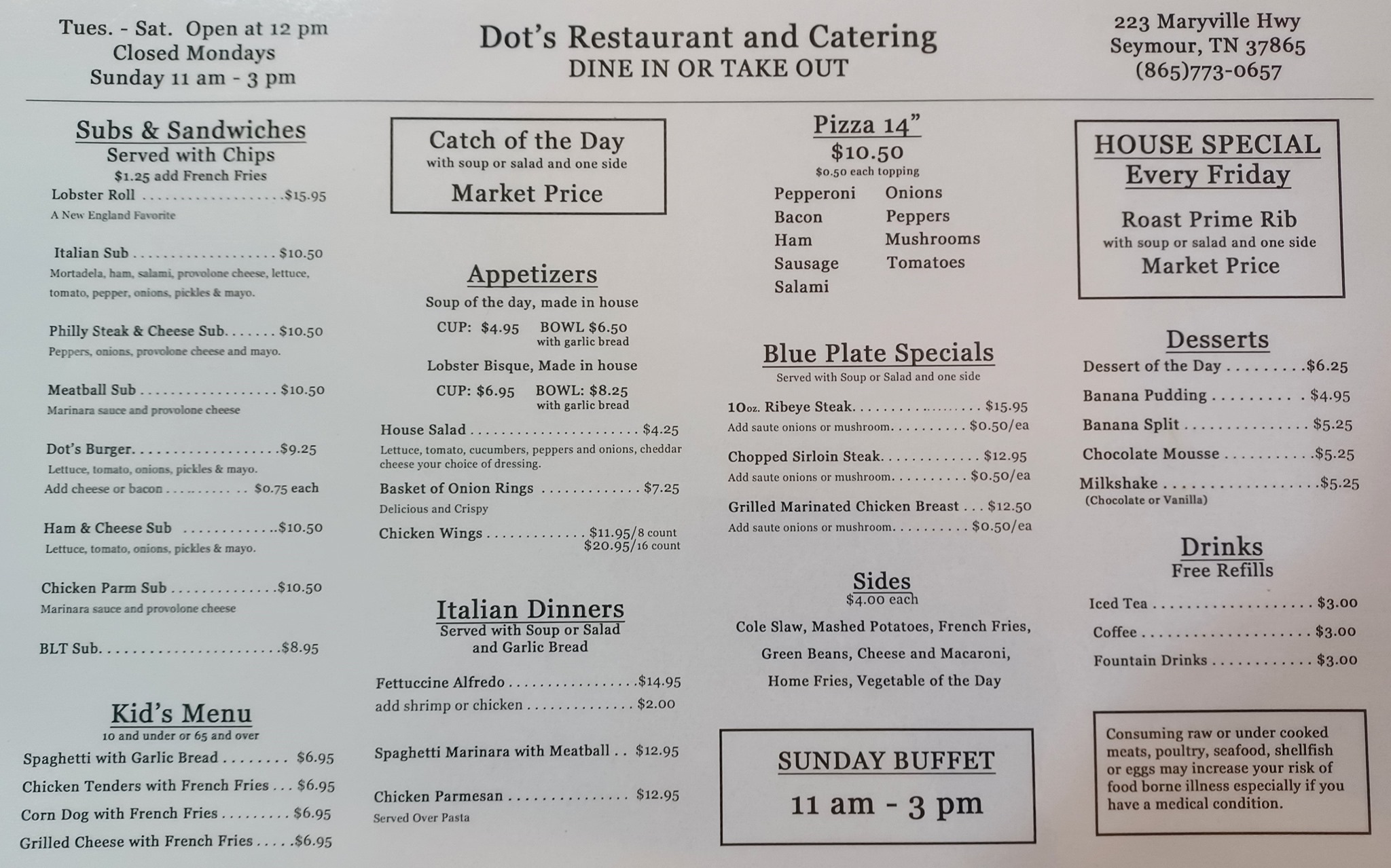 Sunday's Catering Menu
