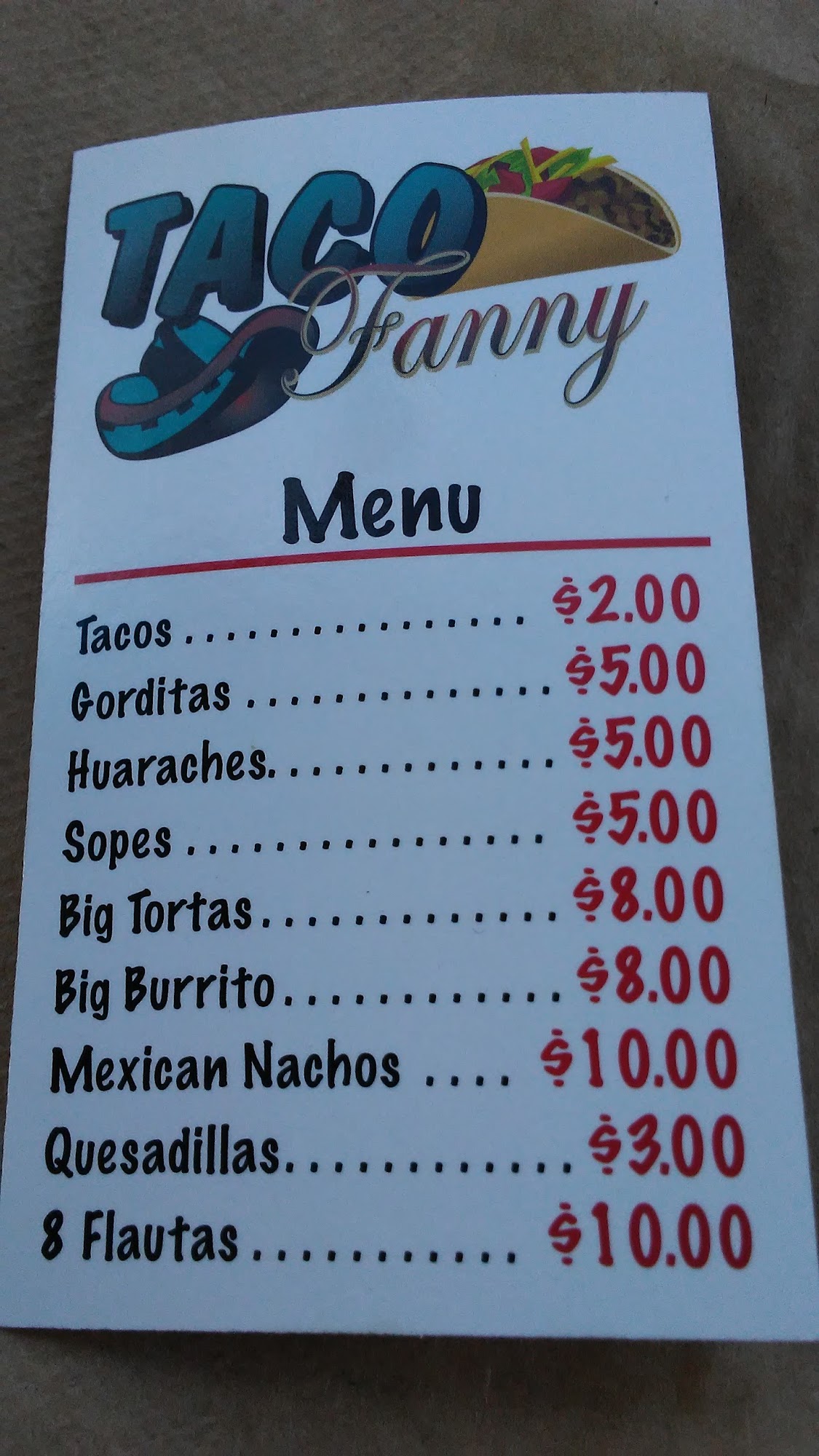 Taco Fanny Menu