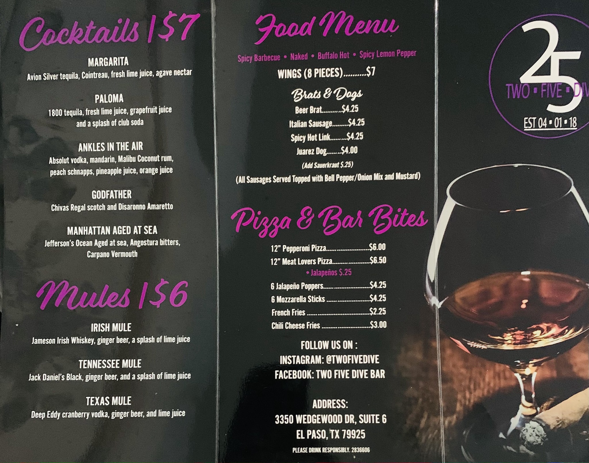 Two Five Dive Bar Menu