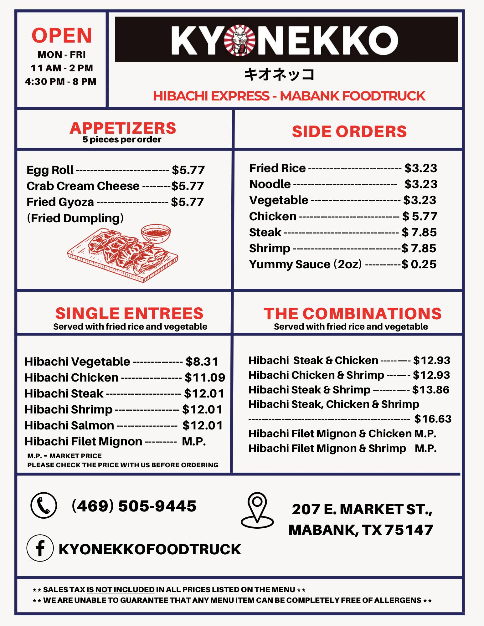 Kyonekko Hibachi Express Menu