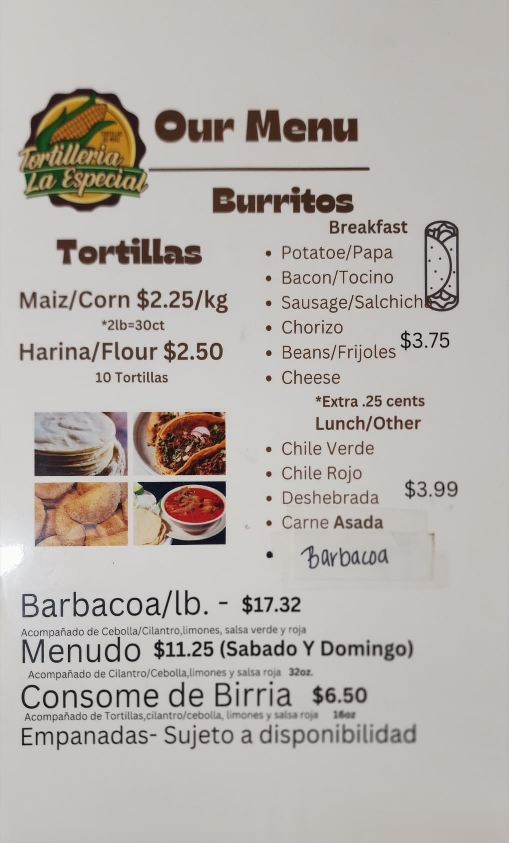 Tortilleria La Especial Menu