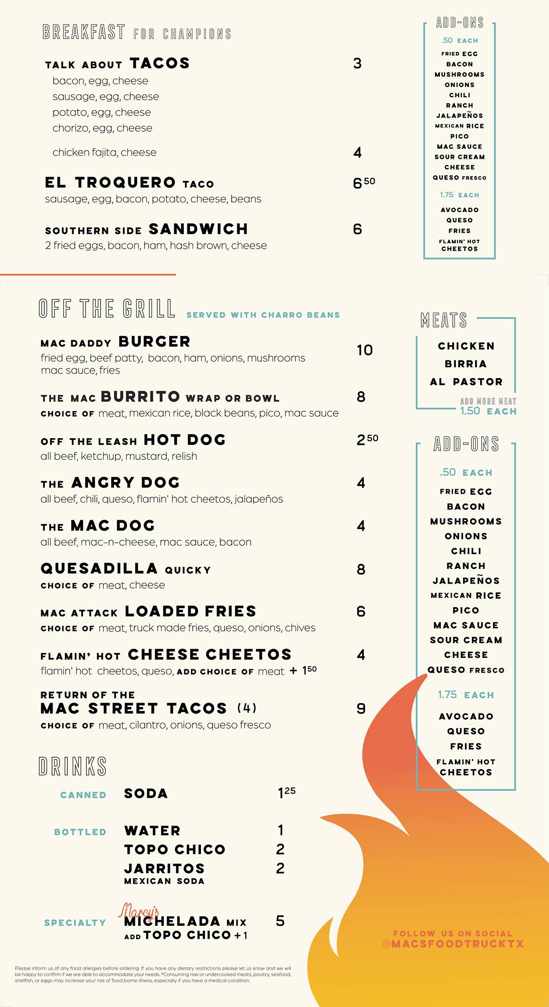 Macs Food Truck Menu