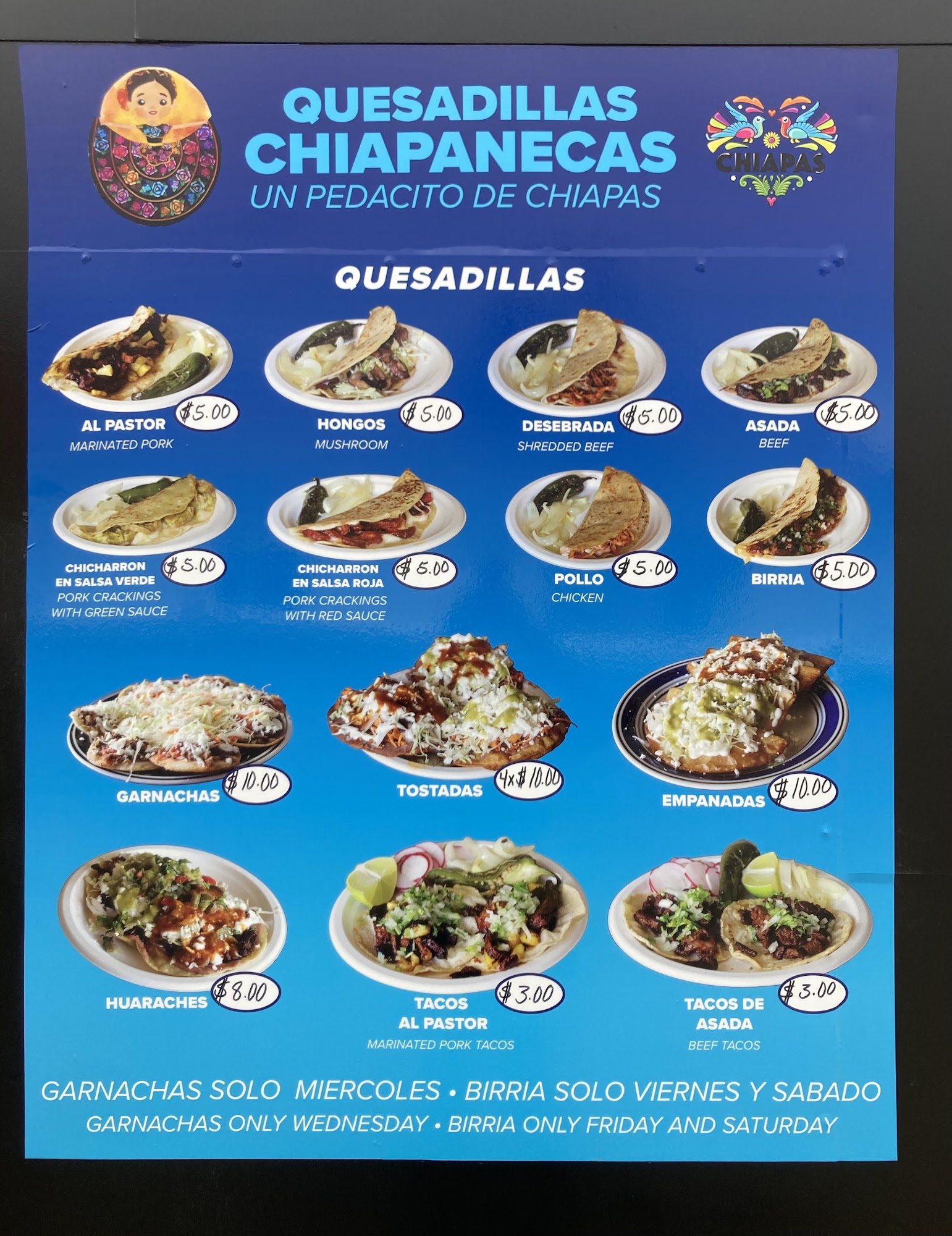 Quesadillas Chiapanecas Menu
