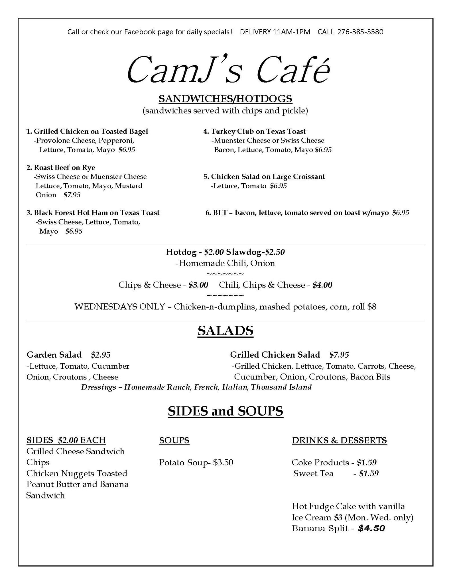 Camj's cafe Menu