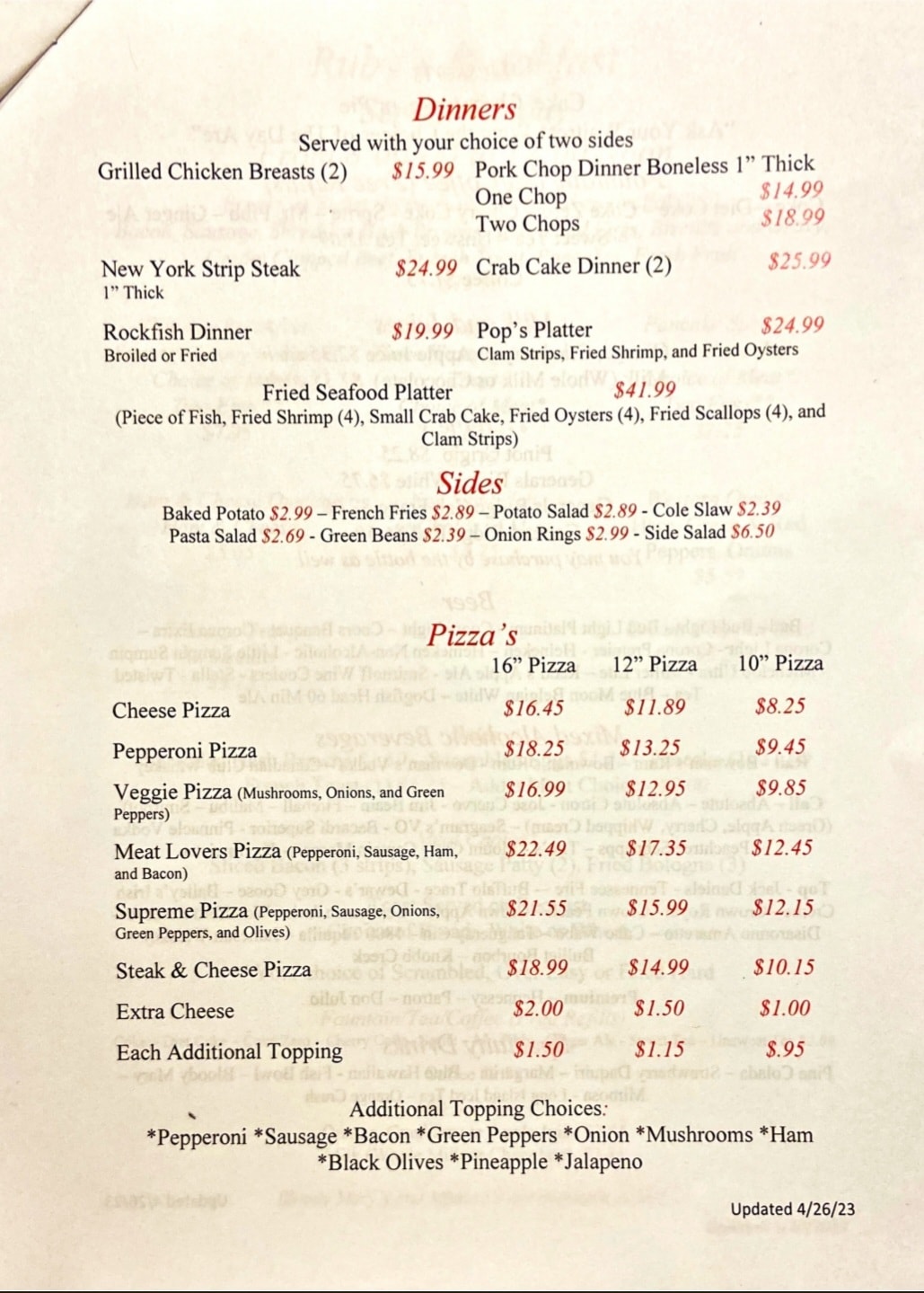 Ruby's restaurant Menu