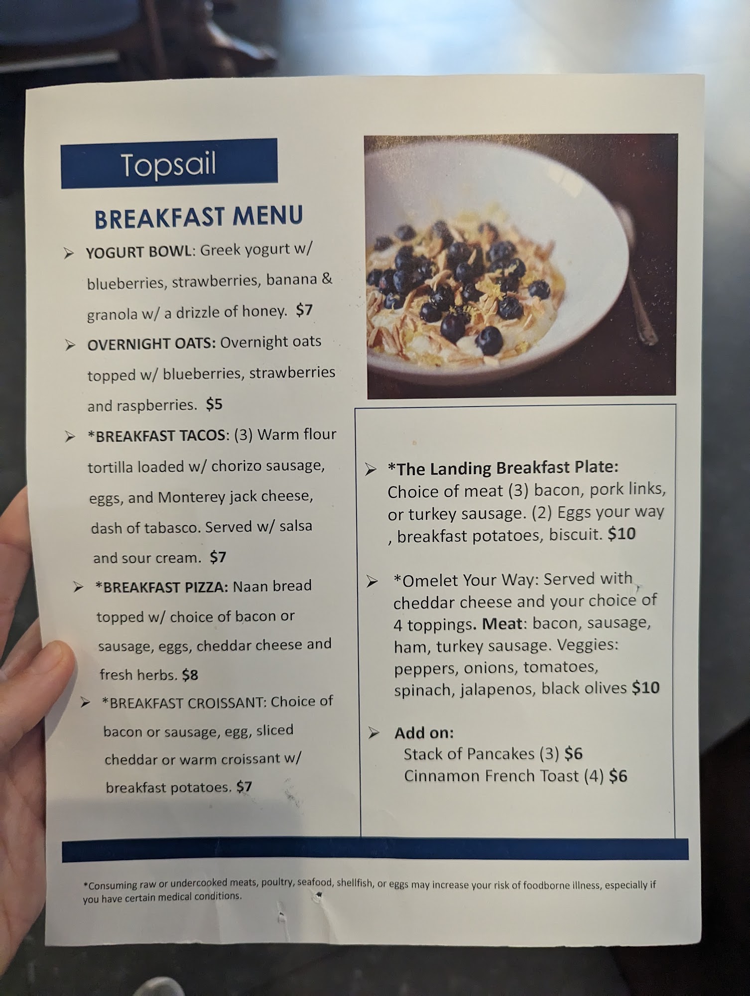 Topsail Menu