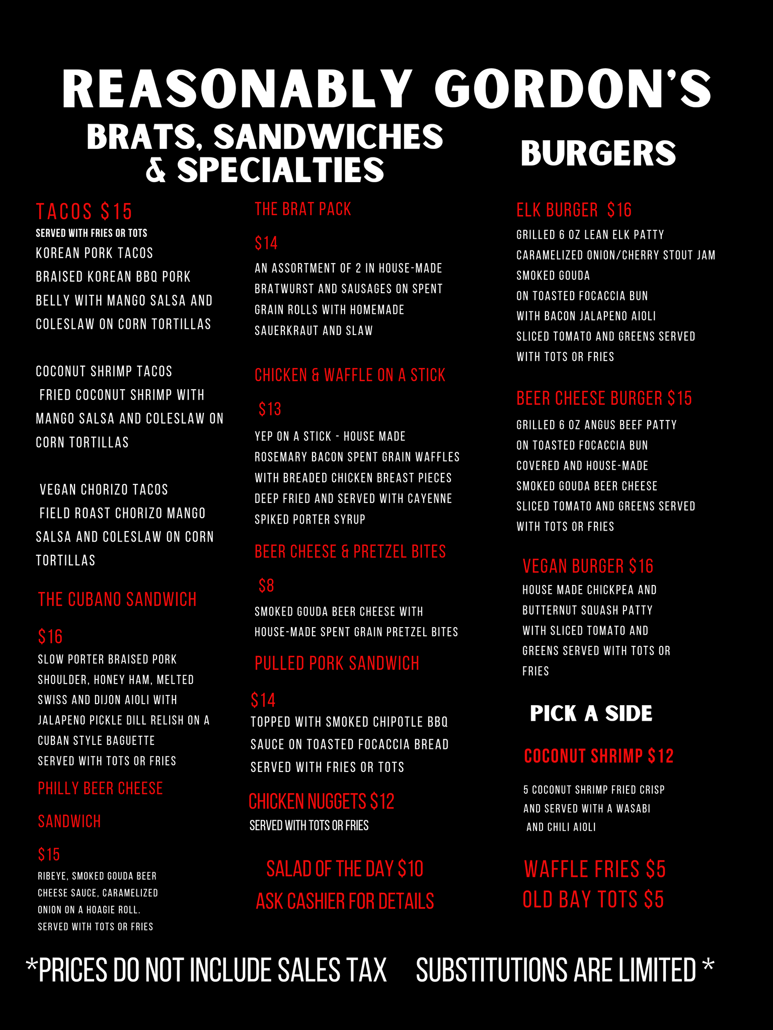 Reasonably Gordons Menu