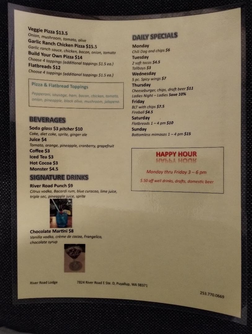 River Road Lodge Menu