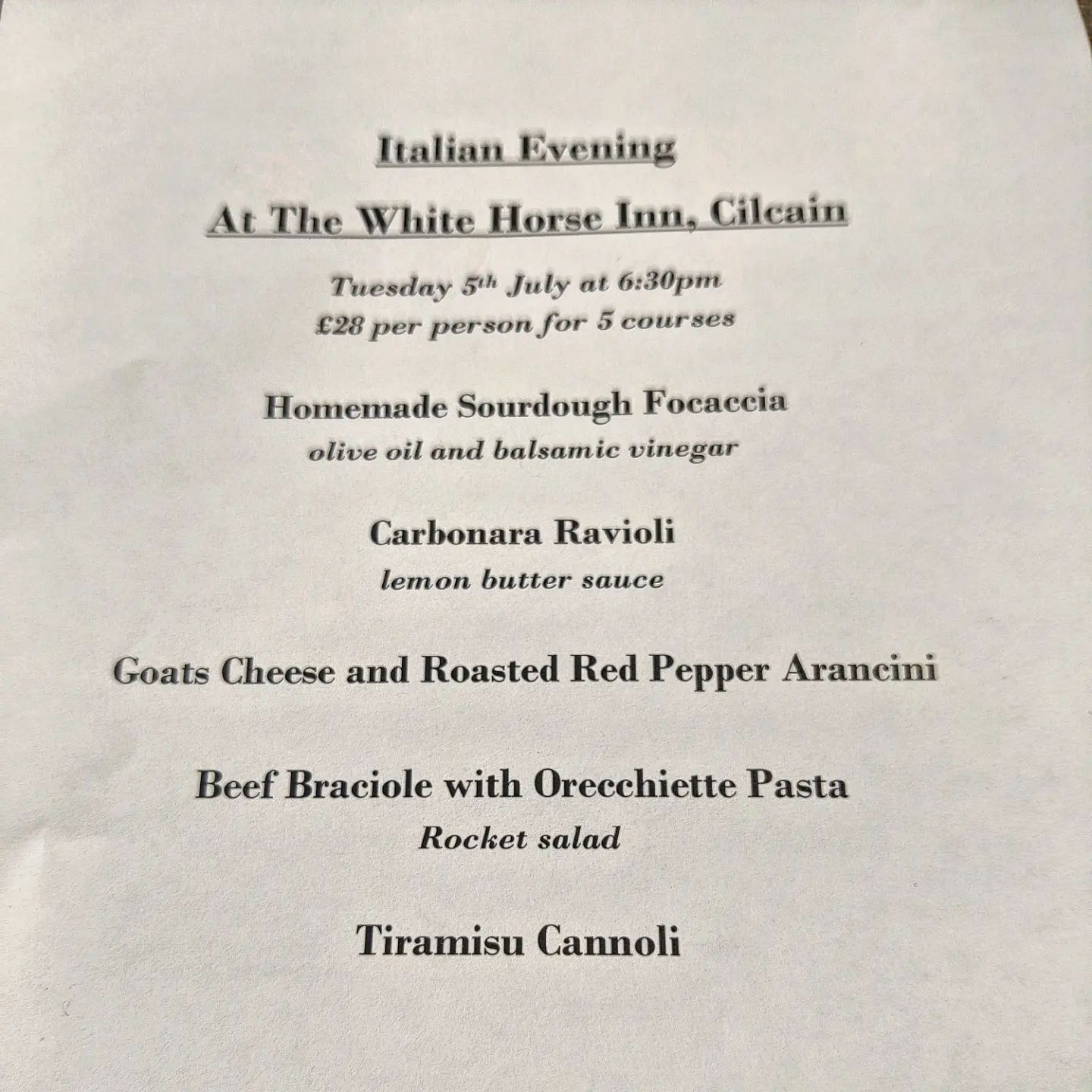 The White Horse Inn Menu