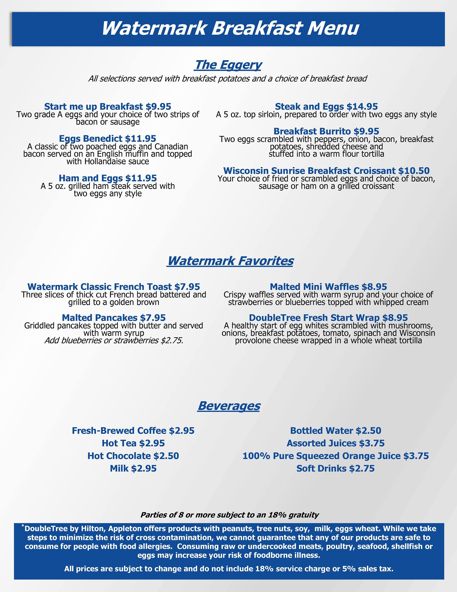 Watermark Restaurant Hilton Hotel Menu