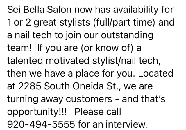 Sei Bella Salon 2285 S Oneida St, Ashwaubenon Wisconsin 54304