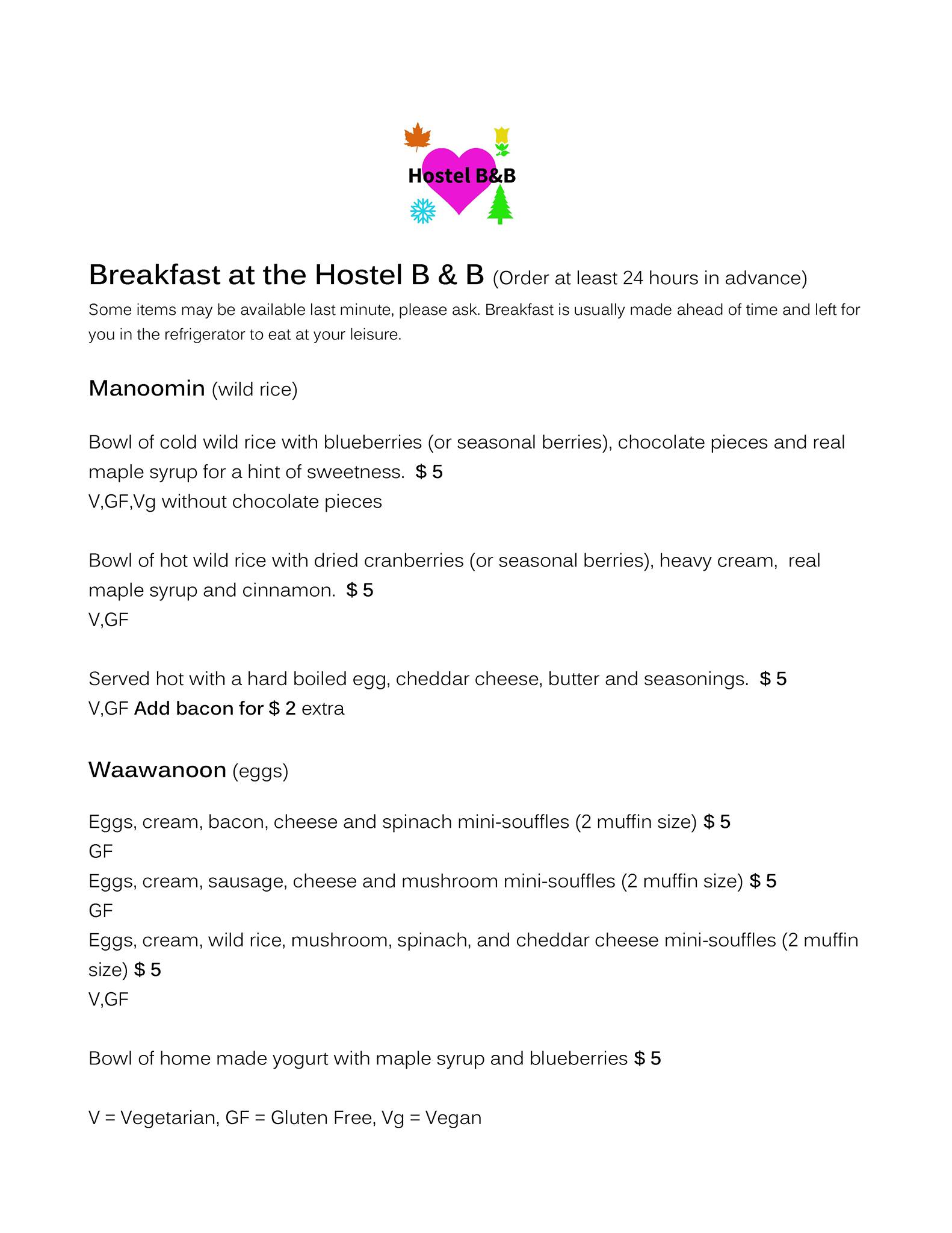 The Hostel B&B Menu