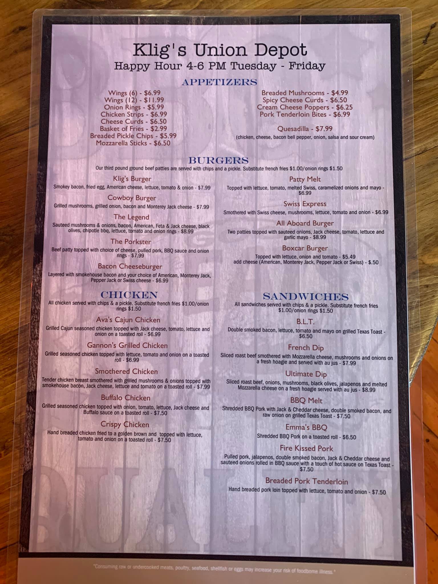 Kligs Union Depot Menu