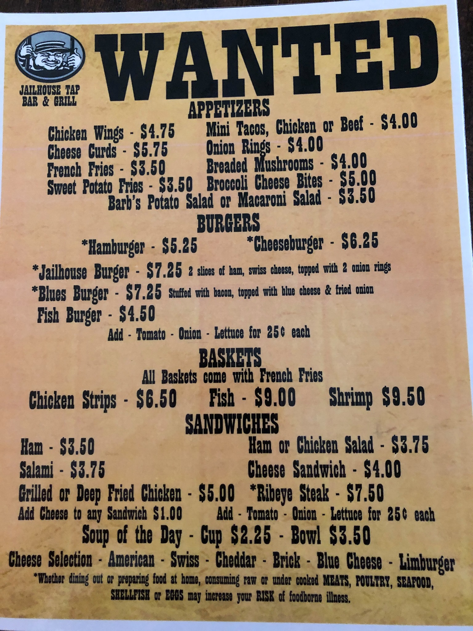Jailhouse Tap Menu