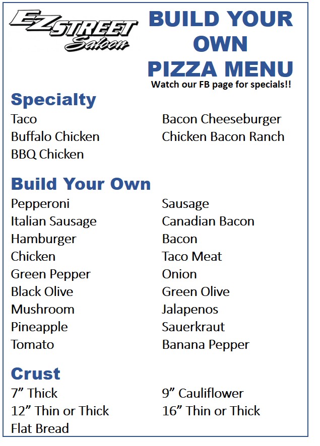 Ez Street Saloon Inc. Menu